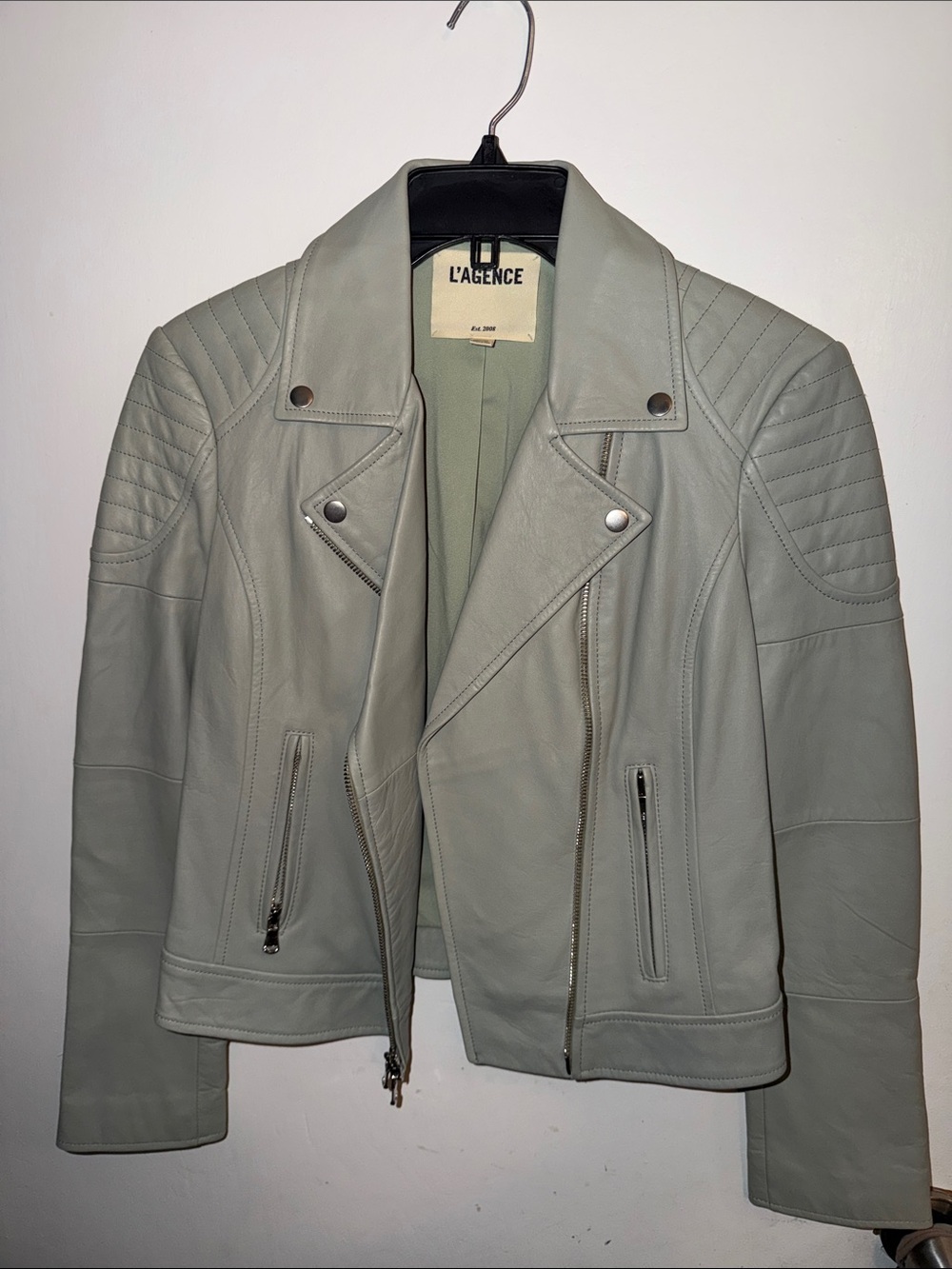 New L'AGENCE Mint Green Leather Quilted Moto Jacket Women Size XS